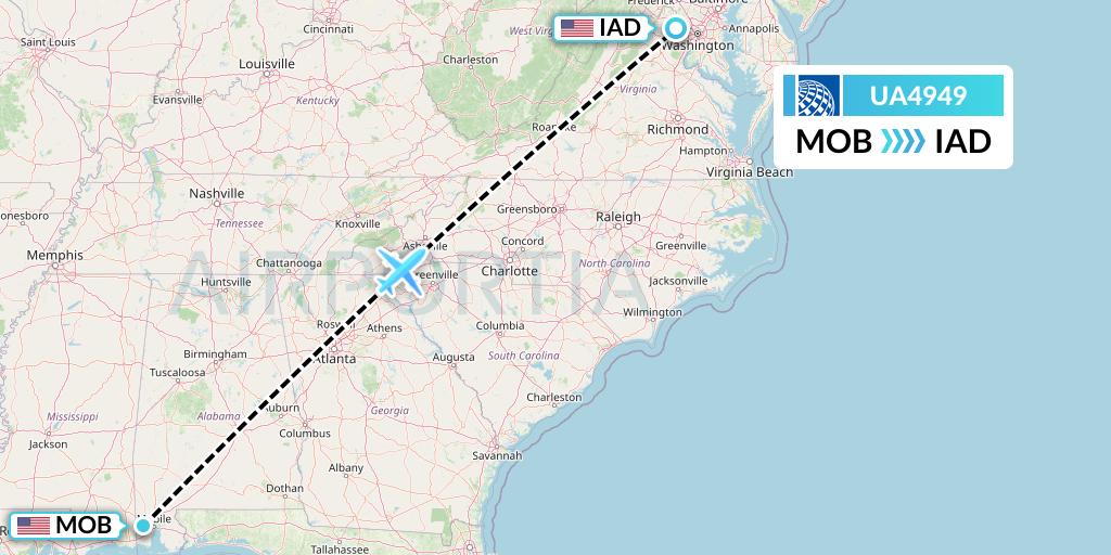 UA4949 United Airlines Flight Map: Mobile to Washington