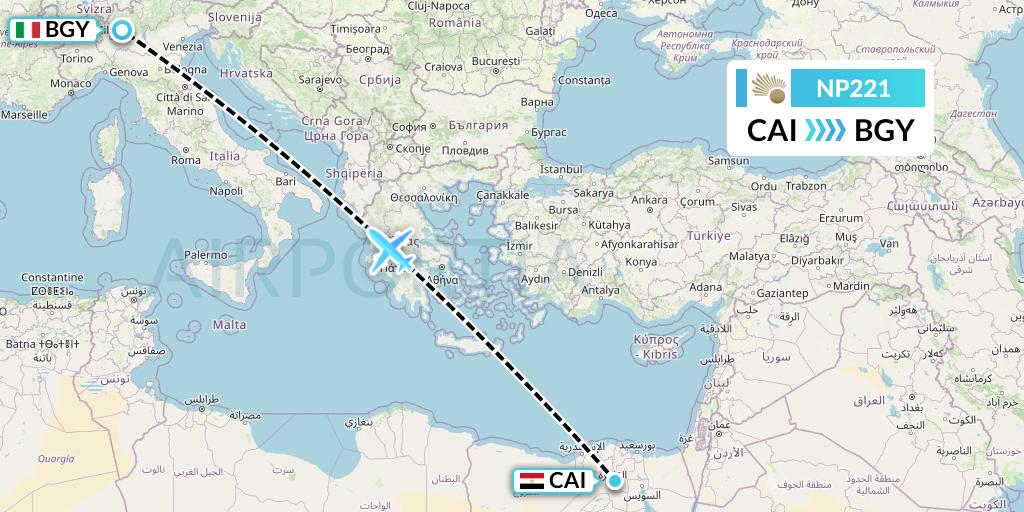 NP221 Nile Air Flight Map: Cairo to Milan