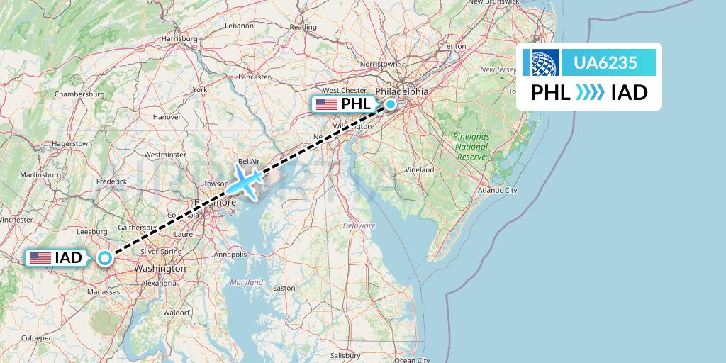 UA6235 United Airlines Flight Map: Philadelphia to Washington