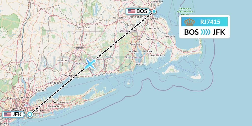 RJ7415 Royal Jordanian Flight Map: Boston to New York