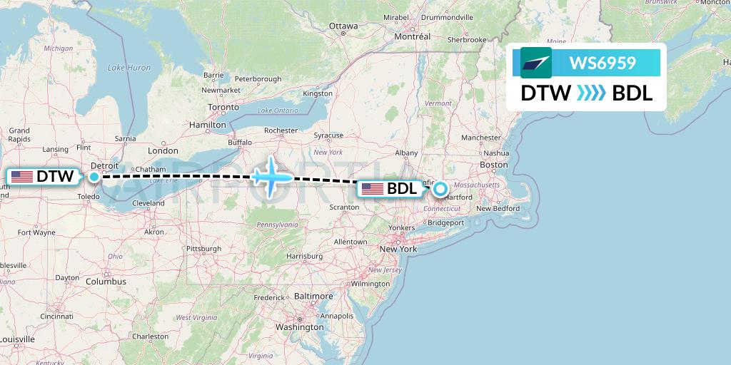 WS6959 WestJet Flight Map: Detroit to Windsor Locks