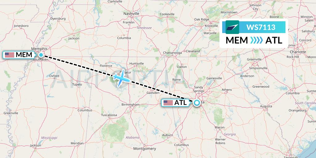 WS7113 WestJet Flight Map: Memphis to Atlanta