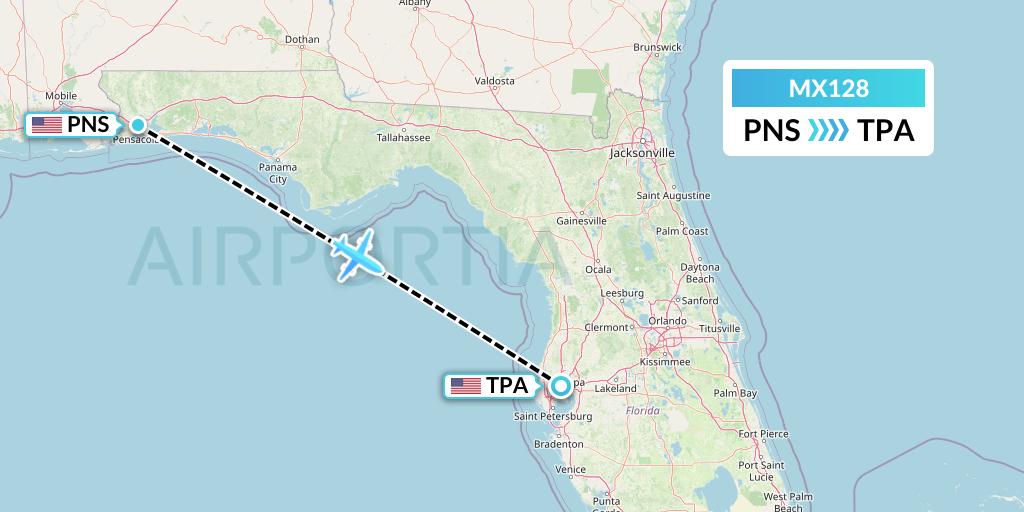 MX128 Breeze Airways Flight Map: Pensacola to Tampa