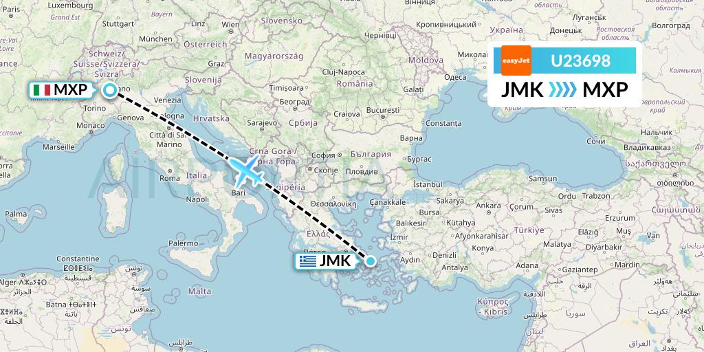 U23698 EasyJet Flight Map: Mykonos to Milan