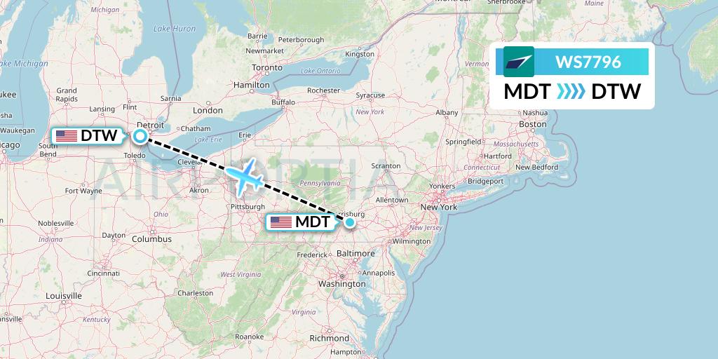 WS7796 WestJet Flight Map: Harrisburg to Detroit