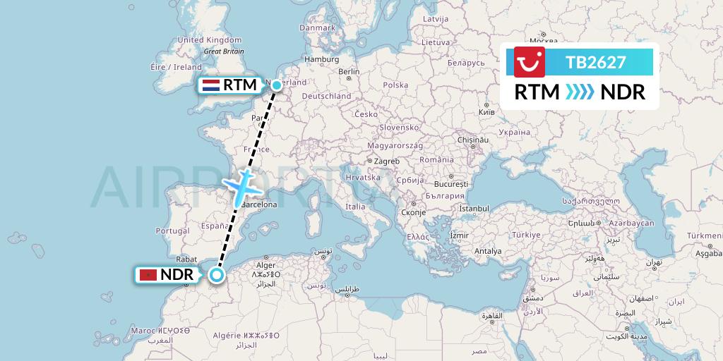 TB2627 TUI fly Belgium Flight Map: Rotterdam to Nador