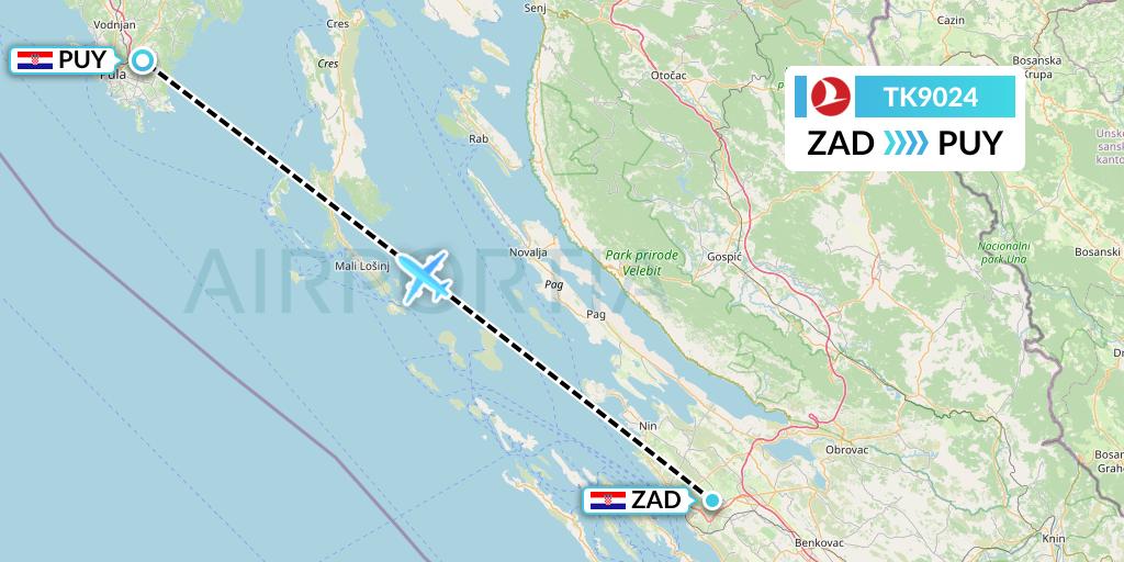 TK9024 Turkish Airlines Flight Map: Zadar to Pula