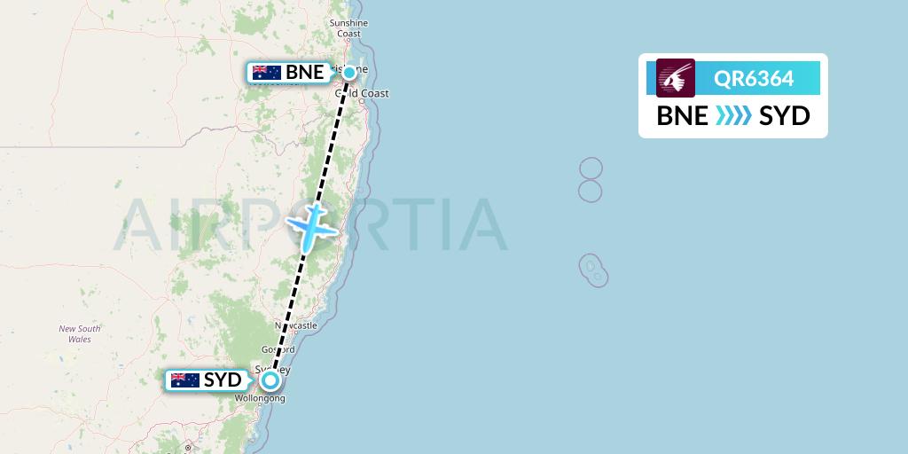 QR6364 Qatar Airways Flight Map: Brisbane to Sydney
