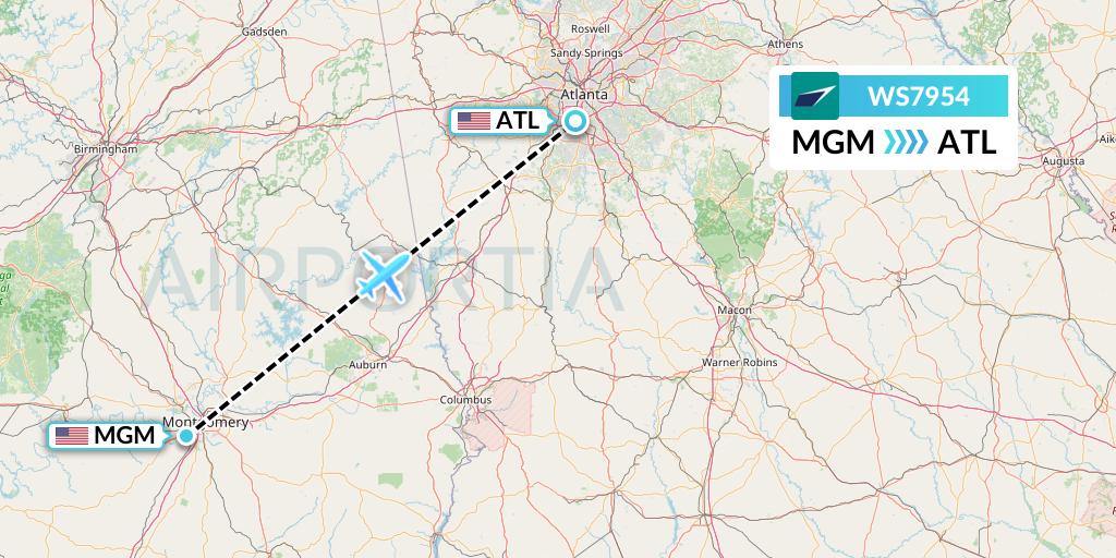 WS7954 WestJet Flight Map: Montgomery to Atlanta