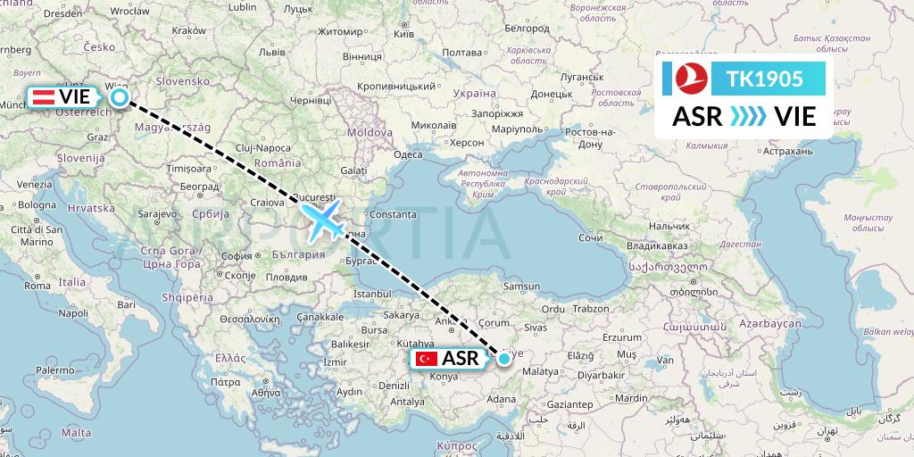 TK1905 Turkish Airlines Flight Map: Kayseri to Vienna