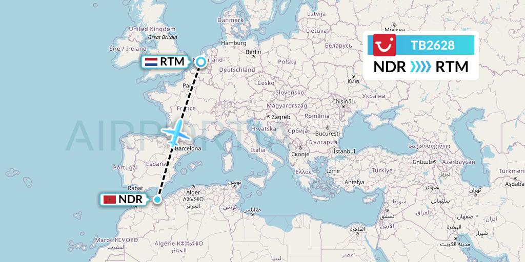 TB2628 TUI fly Belgium Flight Map: Nador to Rotterdam