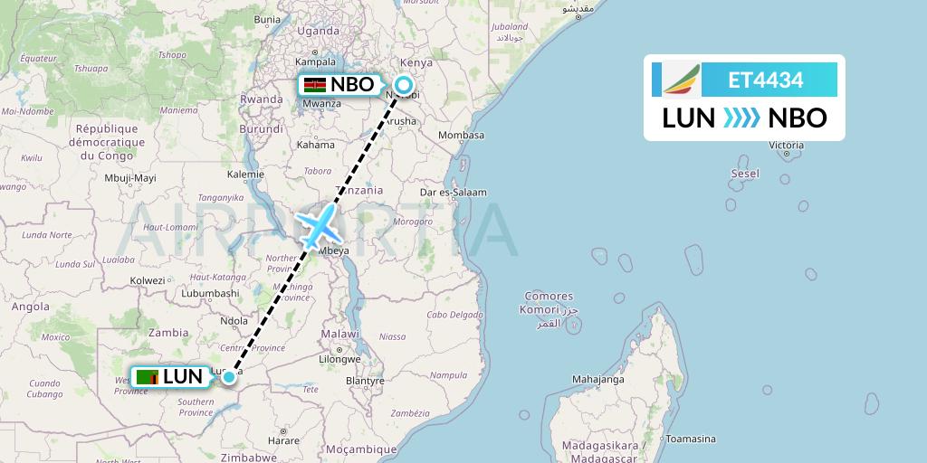 ET4434 Ethiopian Airlines Flight Map: Lusaka to Nairobi