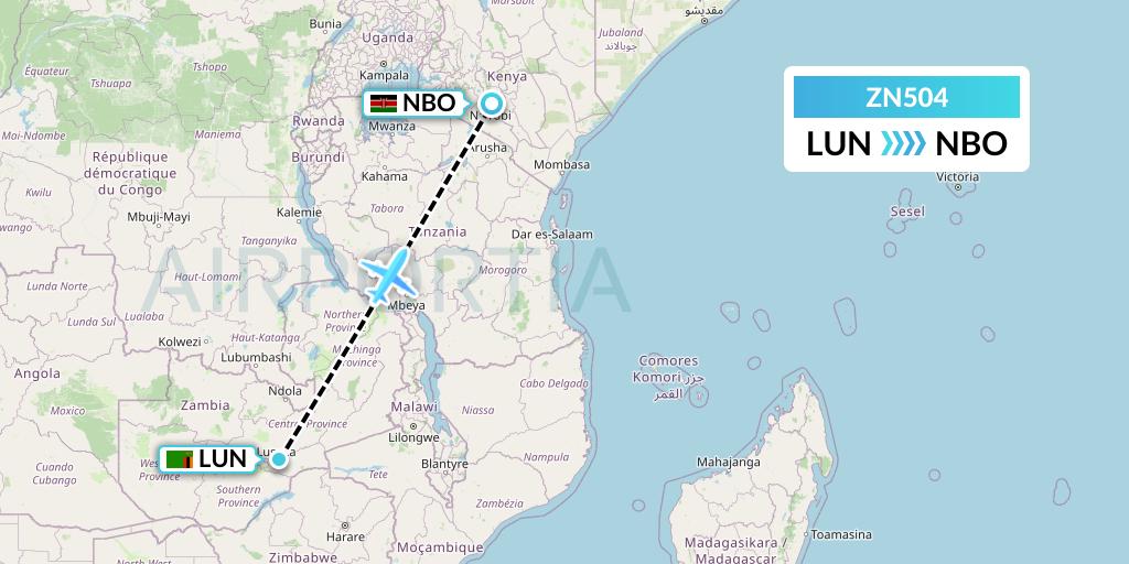 ZN504 Zambia Airways Flight Map: Lusaka to Nairobi