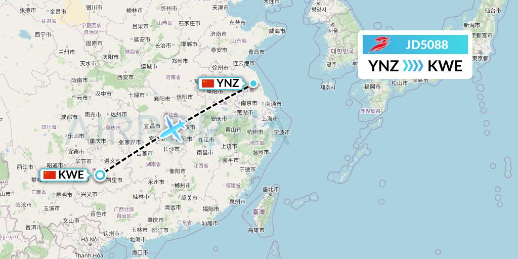 JD5088 Capital Airlines Flight Map: Yancheng to Guiyang