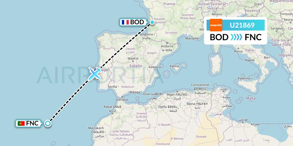 U21869 EasyJet Flight Map: Bordeaux to Funchal