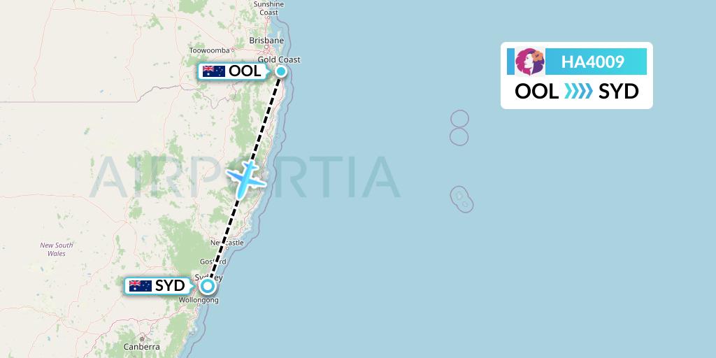 HA4009 Hawaiian Airlines Flight Map: Gold Coast to Sydney