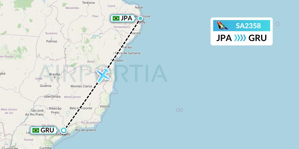 SA2358 South African Airways Flight Map: Joao Pessoa to Sao Paulo