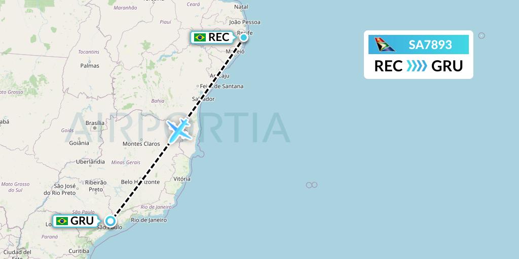 SA7893 South African Airways Flight Map: Recife to Sao Paulo