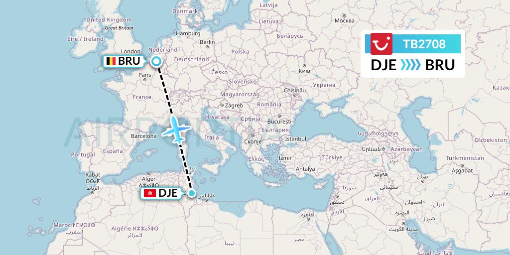 TB2708 TUI fly Belgium Flight Map: Djerba to Brussels