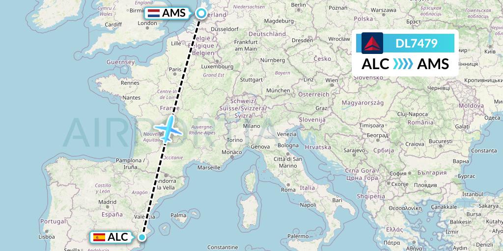 DL7479 Delta Air Lines Flight Map: Alicante to Amsterdam