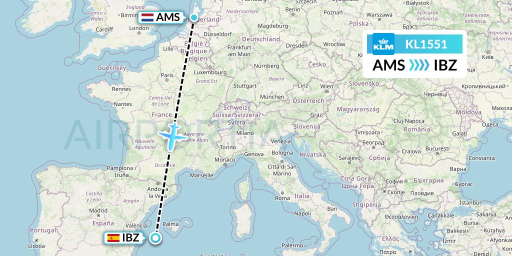 KL1551 KLM Flight Map: Amsterdam to Ibiza