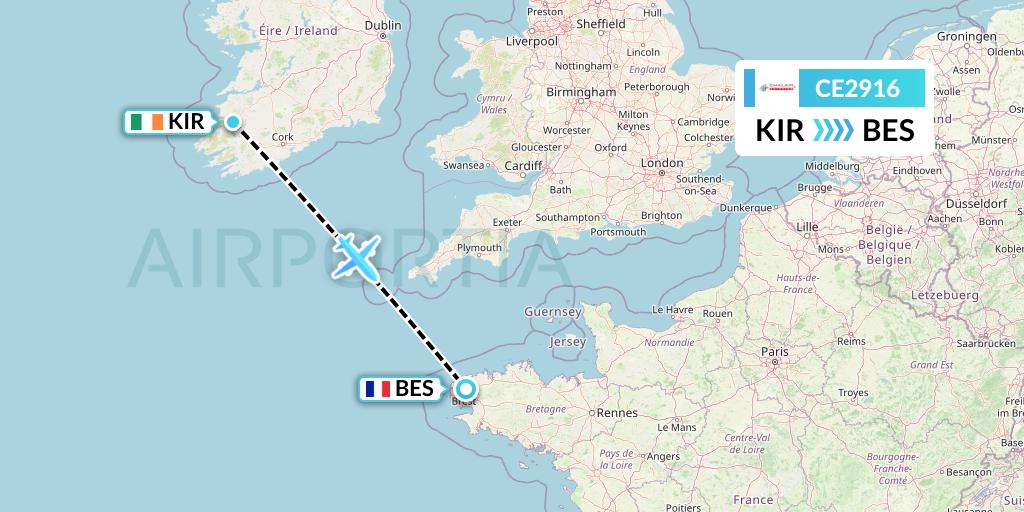 CE2916 Chalair Aviation Flight Map: Kerry to Brest