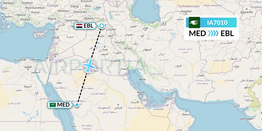 IA7010 Iraqi Airways Flight Map: Medina to Arbil
