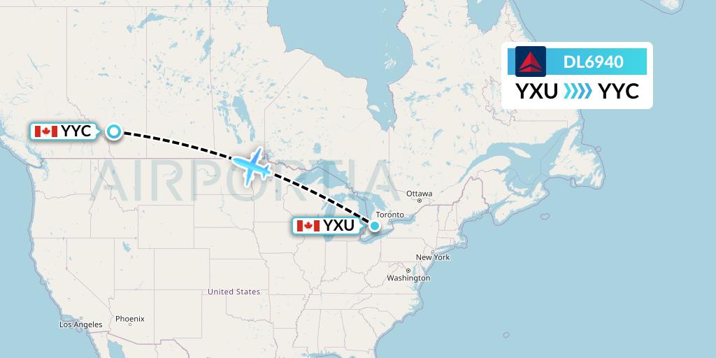 DL6940 Delta Air Lines Flight Map: London to Calgary