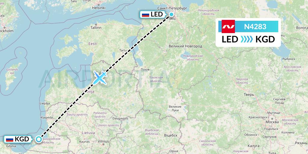 N4283 Nordwind Airlines Flight Map: St. Petersburg to Kaliningrad