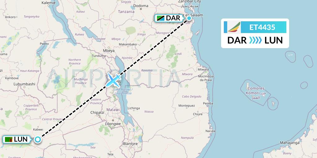 ET4435 Ethiopian Airlines Flight Map: Dar-es-Salaam to Lusaka
