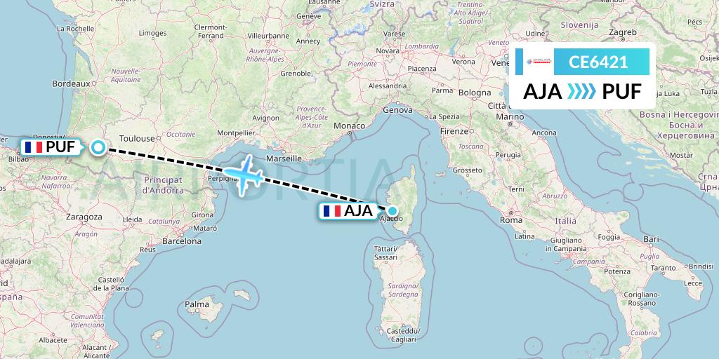 CE6421 Chalair Aviation Flight Map: Ajaccio to Pau