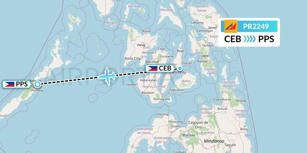 PR2249 Philippine Airlines Flight Map: Cebu to Puerto Princesa City
