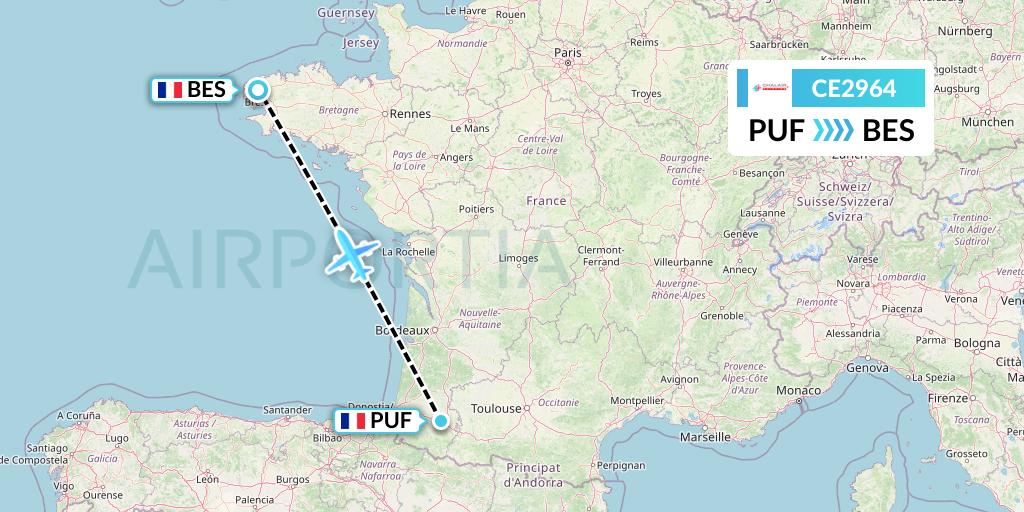 CE2964 Chalair Aviation Flight Map: Pau to Brest