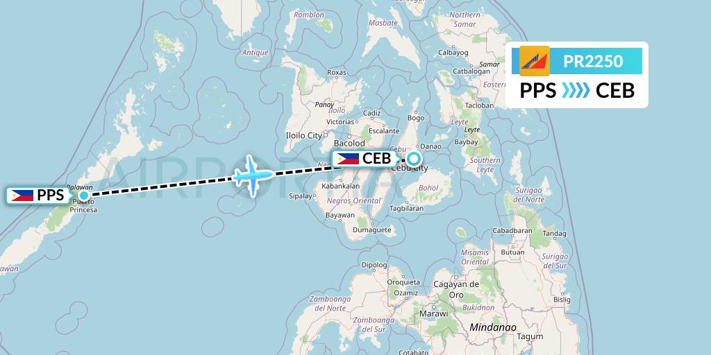 PR2250 Philippine Airlines Flight Map: Puerto Princesa City to Cebu