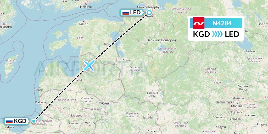 N4284 Nordwind Airlines Flight Map: Kaliningrad to St. Petersburg