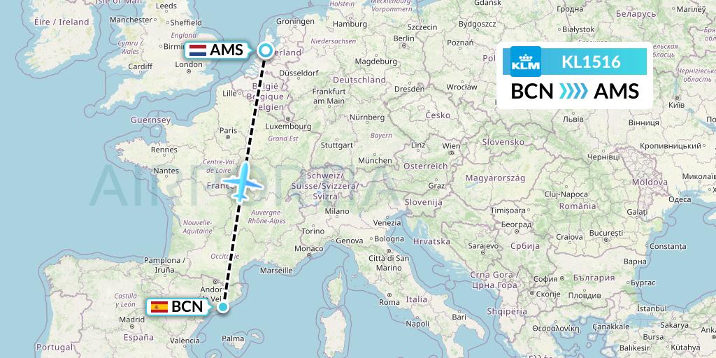 KL1516 KLM Flight Map: Barcelona to Amsterdam