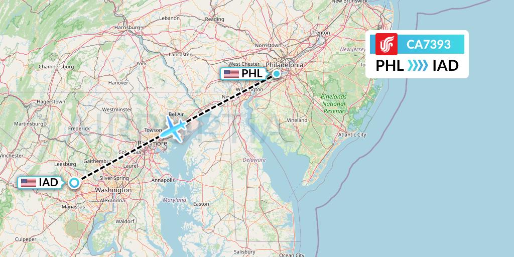 CA7393 Air China Flight Map: Philadelphia to Washington