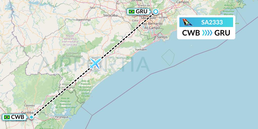 SA2333 South African Airways Flight Map: Curitiba to Sao Paulo