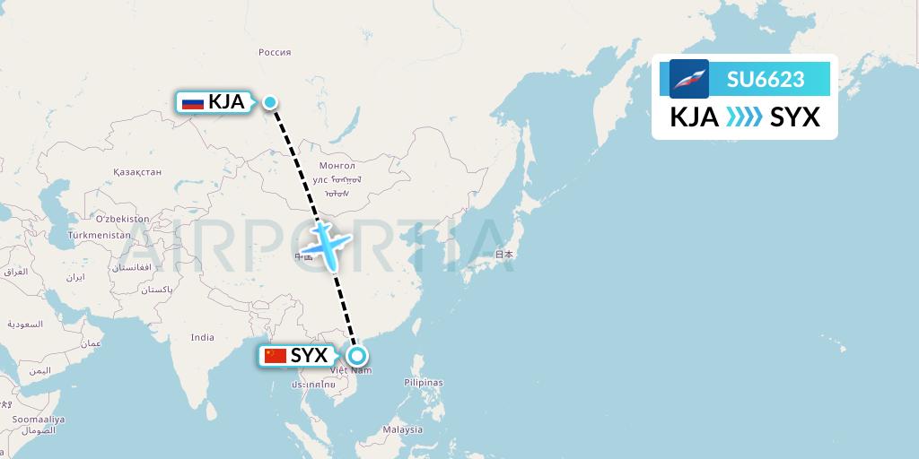 SU6623 Aeroflot Flight Map: Krasnoyarsk to Sanya