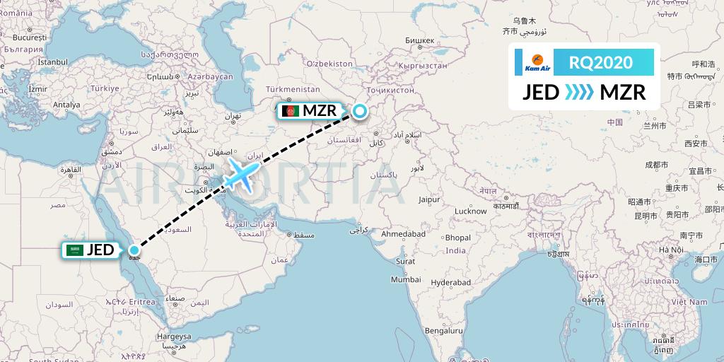 RQ2020 Kam Air Flight Map: Jeddah to Mazar-I-Sharif