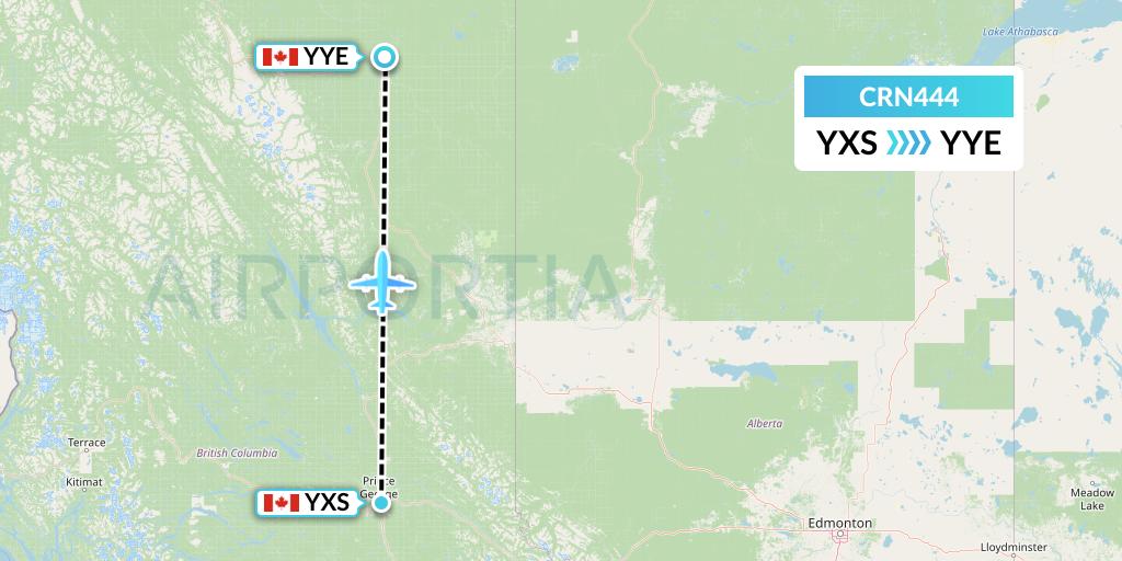CRN444 Aerocaribbean Flight Map: Prince George to Fort Nelson