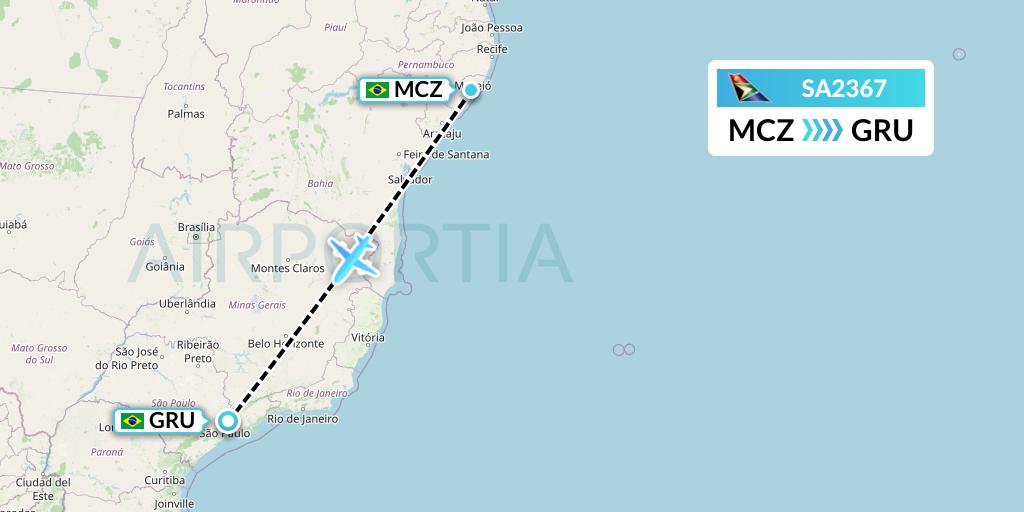 SA2367 South African Airways Flight Map: Maceio to Sao Paulo