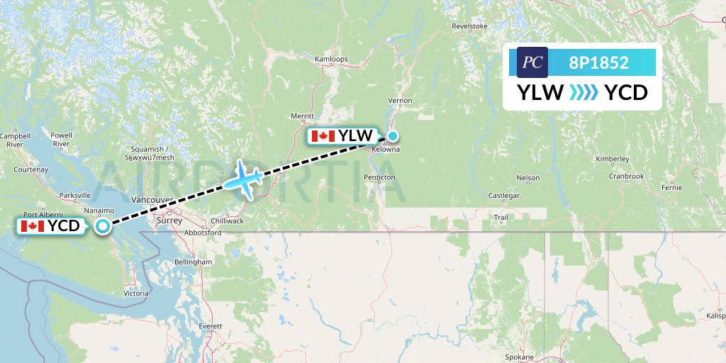 8P1852 Pacific Coastal Airlines Flight Map: Kelowna to Nanaimo