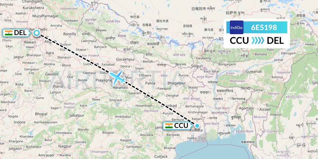 6E5198 IndiGo Airlines Flight Map: Kolkata to Delhi