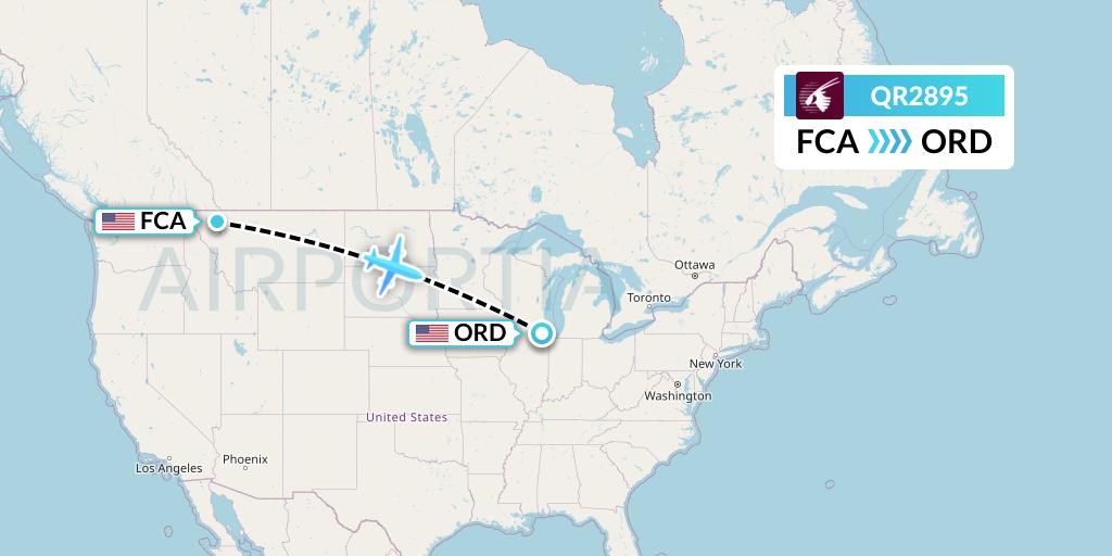 QR2895 Qatar Airways Flight Map: Kalispell to Chicago