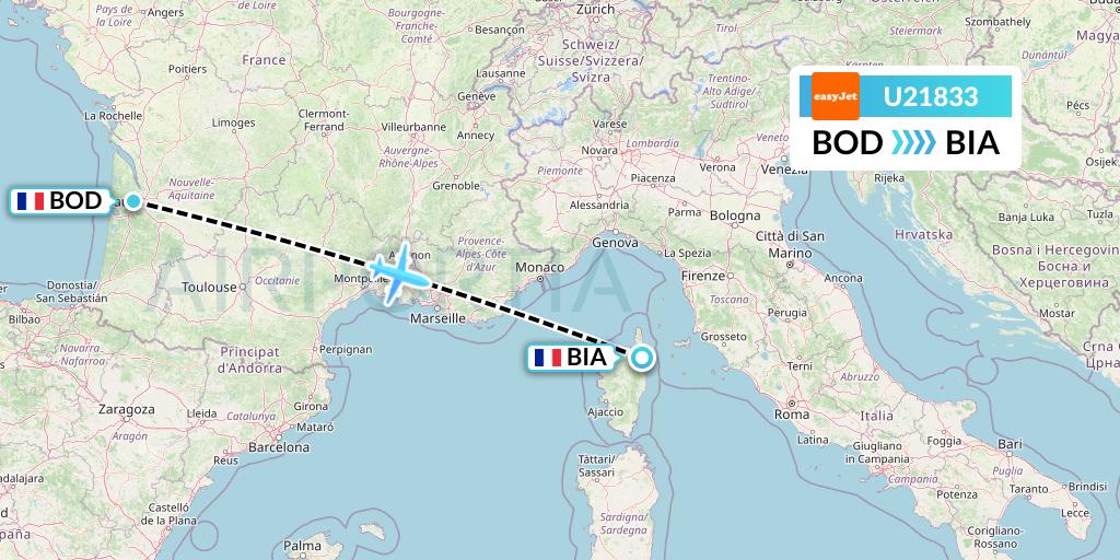 U21833 EasyJet Flight Map: Bordeaux to Bastia