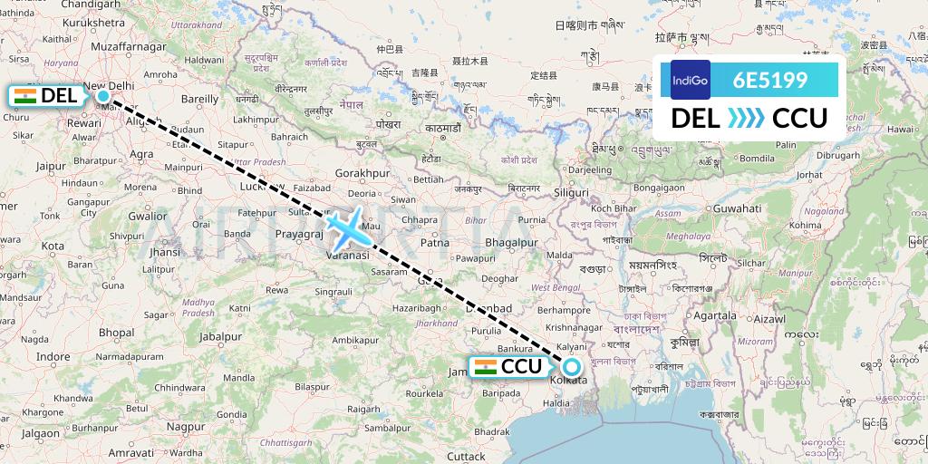 6E5199 IndiGo Airlines Flight Map: Delhi to Kolkata