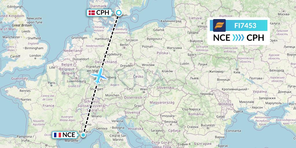 FI7453 Icelandair Flight Map: Nice to Copenhagen