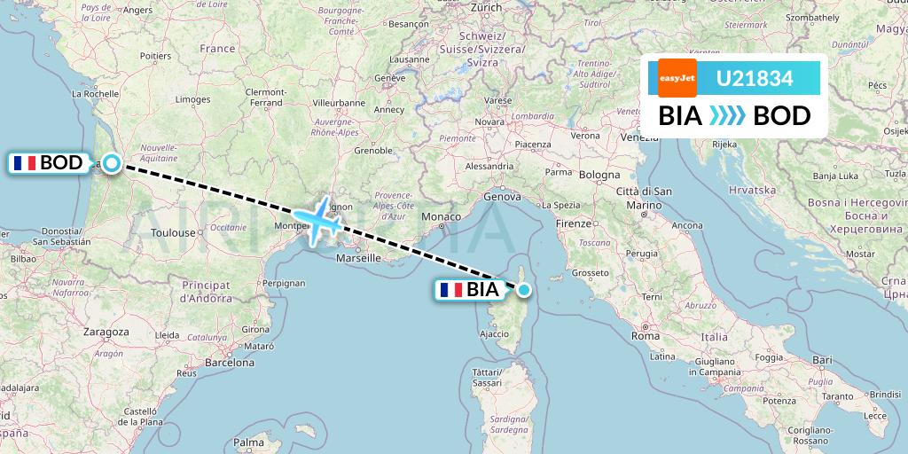U21834 EasyJet Flight Map: Bastia to Bordeaux