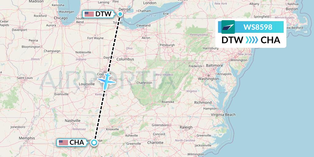 WS8598 WestJet Flight Map: Detroit to Chattanooga